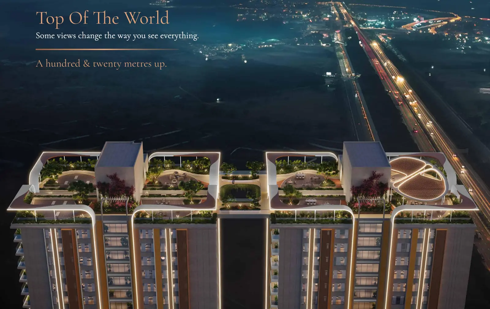 Aerial view of the Tribhuja towers and podium gardens at Kollur