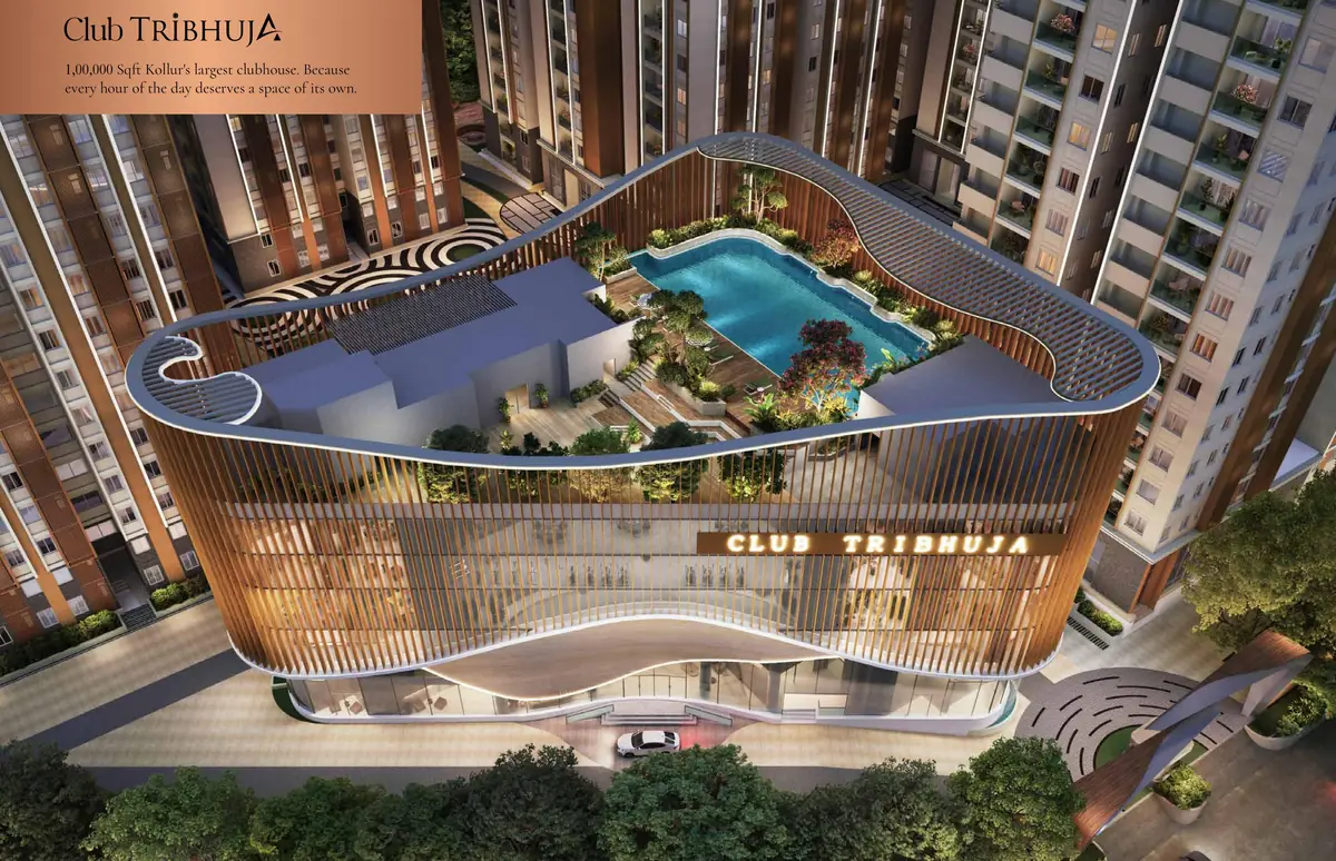 Club Tribhuja seen from above, with the pool deck and courts