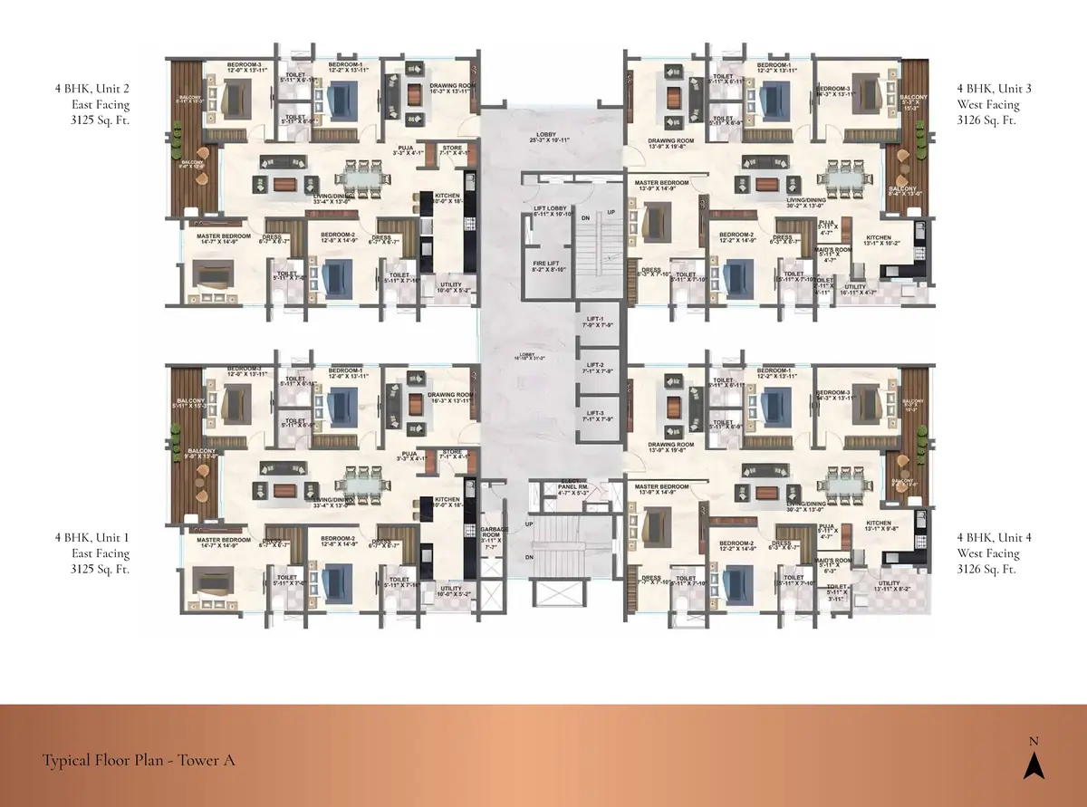 Typical floor plate for tower A with four 4 BHK homes
