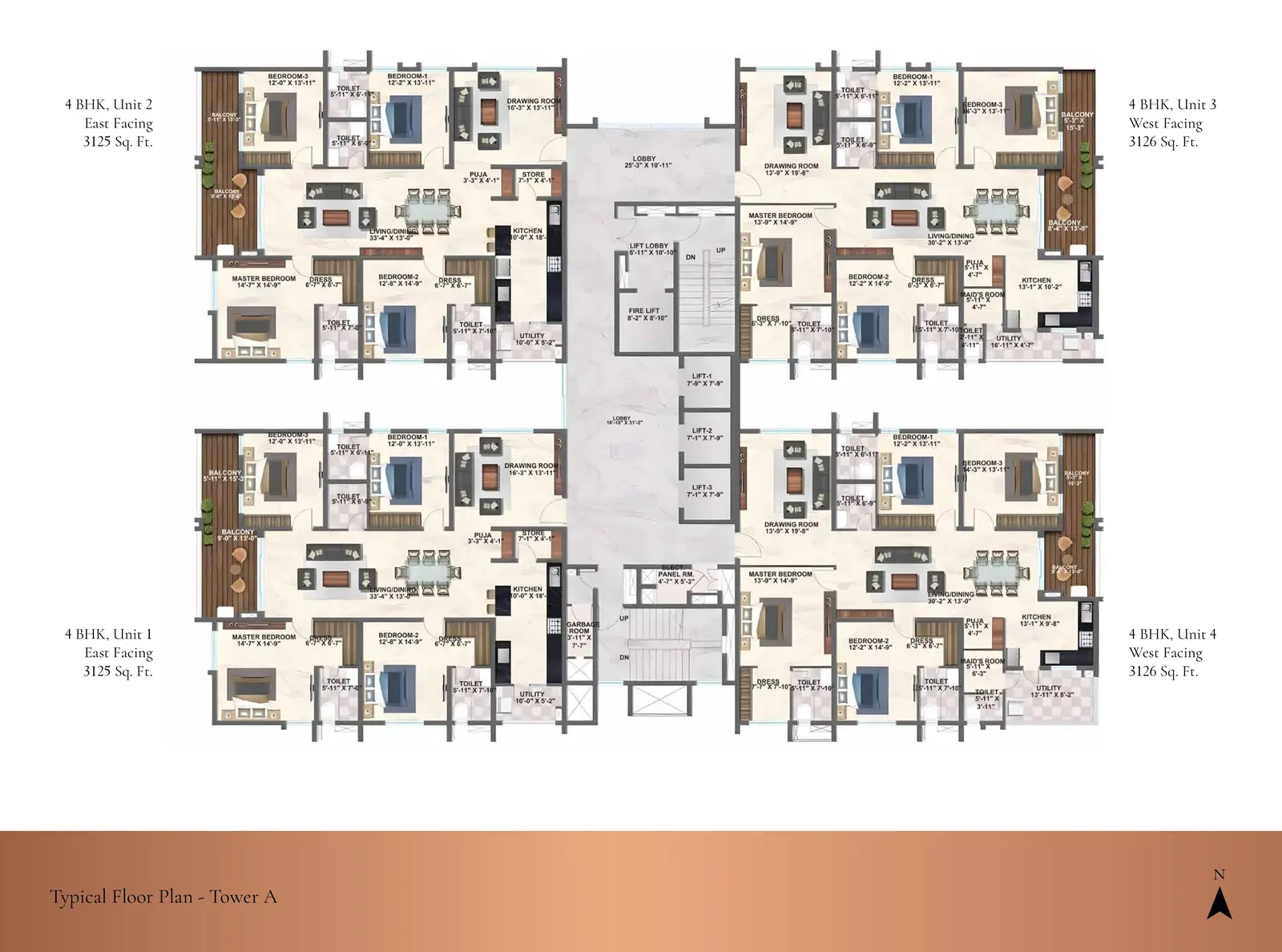 Tower A typical floor plan showing four 4 BHK homes of 3,125 and 3,126 sq. ft.
