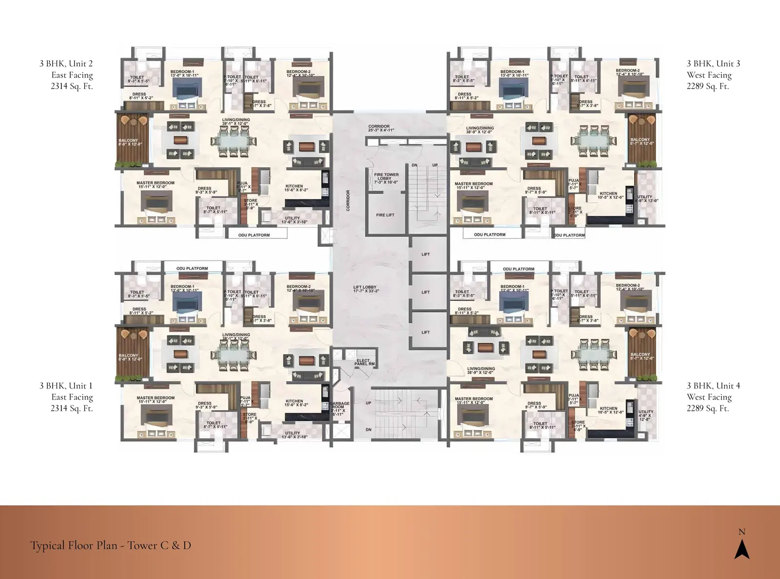 Tower C and D typical floor plan with four 3 BHK homes of 2,289 and 2,314 sq. ft.