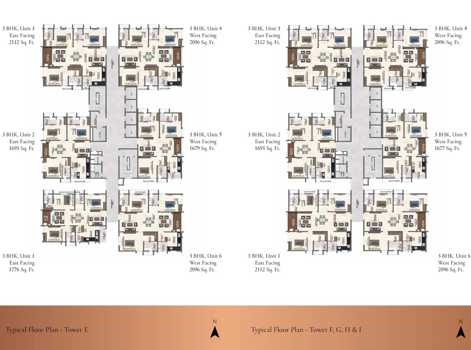 Tower E typical floor plan with six 3 BHK homes from 1,679 to 2,112 sq. ft.