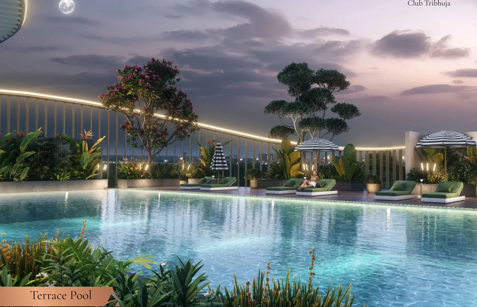 Terrace pool at Tribhuja at dusk